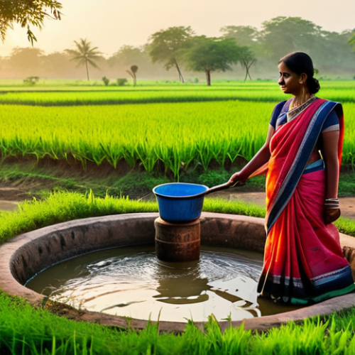 Home 21 **
"A serene Indian village scene at sunrise, women in traditional sarees fetching water from a well, lush green fields, vibrant colors, soft natural light, appropriate attire, safe for work, perfect anatomy, family-friendly."
**