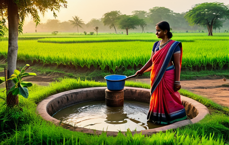 **

"A serene Indian village scene at sunrise, women in traditional sarees fetching water from a well, lush green fields, vibrant colors, soft natural light, appropriate attire, safe for work, perfect anatomy, family-friendly."

**
