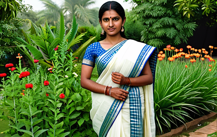 **

"A woman with perfect anatomy, fully clothed in a traditional Indian sari, standing in a lush garden with various herbs and flowers, safe for work, appropriate content, professional setting, modest clothing, natural pose, well-formed hands, proper finger count, family-friendly, high-quality rendering, natural lighting."

**