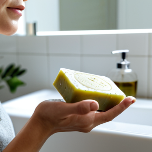 Home 9 **
"A woman with healthy skin is using a natural soap bar in a bright bathroom. The soap is made of olive oil, and the background showcases other natural skincare products. Focus on the natural ingredients and the soap's gentle lather. Safe for work, appropriate content, fully clothed, modest, perfect anatomy, correct proportions, natural lighting, high resolution."
**