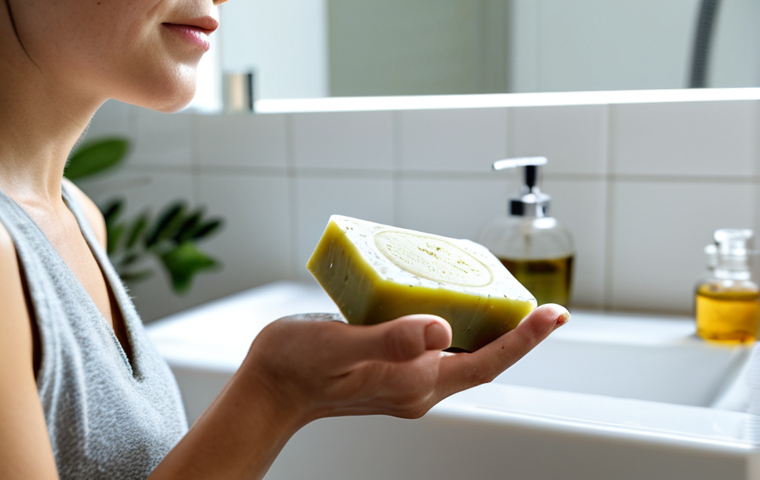 **

"A woman with healthy skin is using a natural soap bar in a bright bathroom. The soap is made of olive oil, and the background showcases other natural skincare products. Focus on the natural ingredients and the soap's gentle lather. Safe for work, appropriate content, fully clothed, modest, perfect anatomy, correct proportions, natural lighting, high resolution."

**