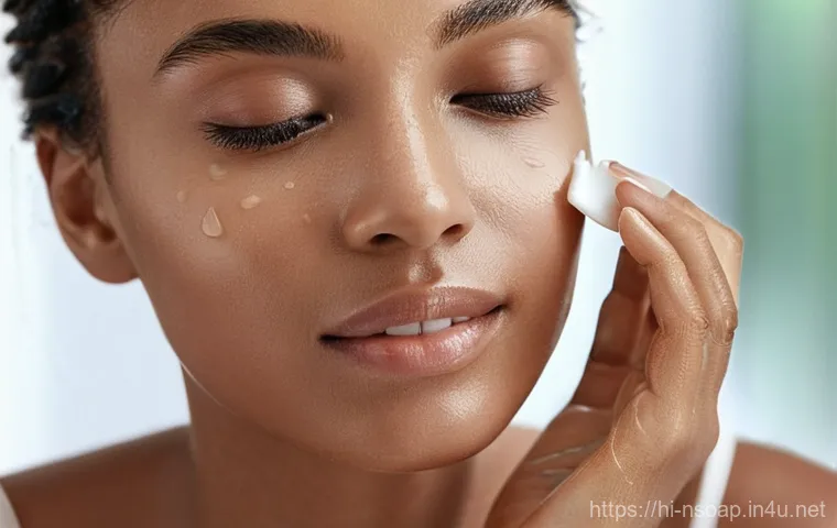 천연비누 안티에이징 - **Prompt:** A serene close-up of a woman in her late 20s or early 30s, gently washing her face with ...