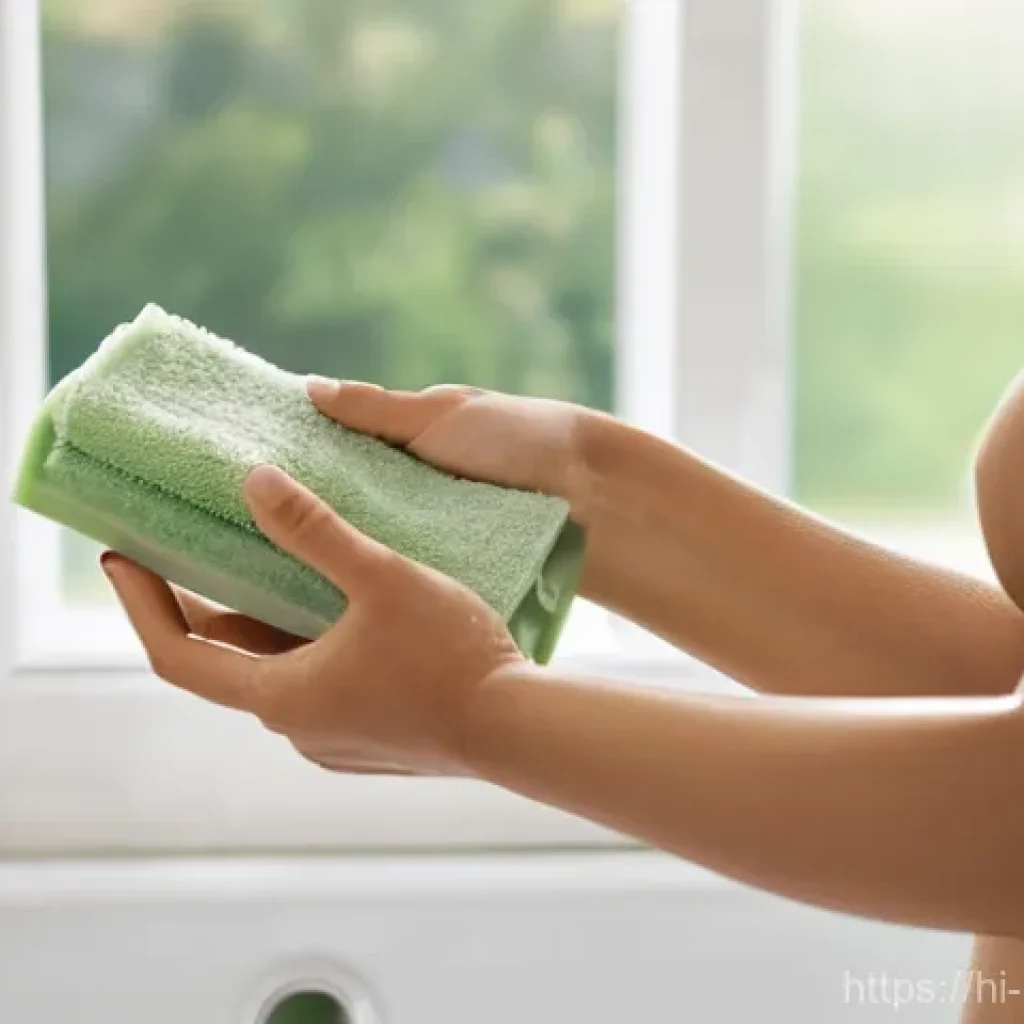 천연비누 건조한 피부 - **Prompt:** A young woman (20s-30s) with glowing, healthy skin, gently touching her forearm with a l...