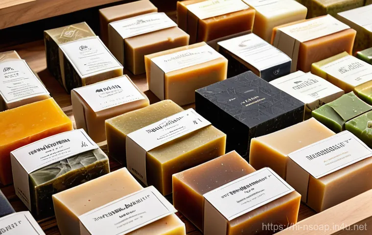 천연비누 판매 - **Prompt:** A serene and captivating close-up image showcasing a collection of handcrafted natural s...