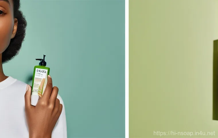 천연비누 화학물질 - **Prompt:** "A split image depicting a woman's skin transformation. On the left side, a woman in her...