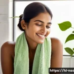 천연비누 에센셜 오일 - A serene bathroom scene featuring a young Indian woman with glowing, naturally moisturized skin usin...
