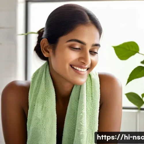 천연비누 에센셜 오일 - A serene bathroom scene featuring a young Indian woman with glowing, naturally moisturized skin usin...