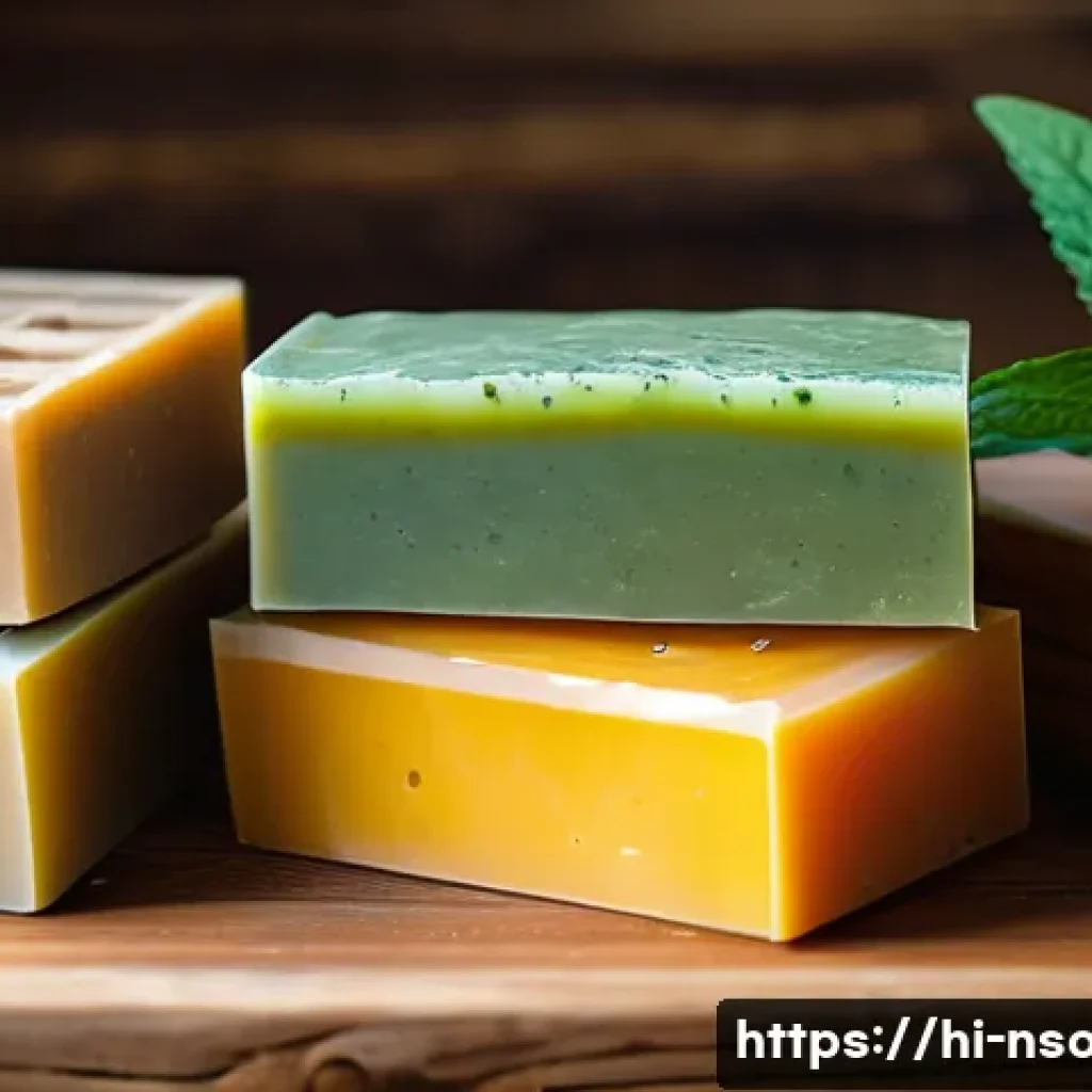 천연비누 유통기한 - A close-up still life of natural handmade soap bars arranged on a rustic wooden shelf in a well-vent...