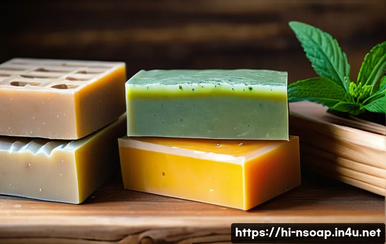 천연비누 유통기한 - A close-up still life of natural handmade soap bars arranged on a rustic wooden shelf in a well-vent...