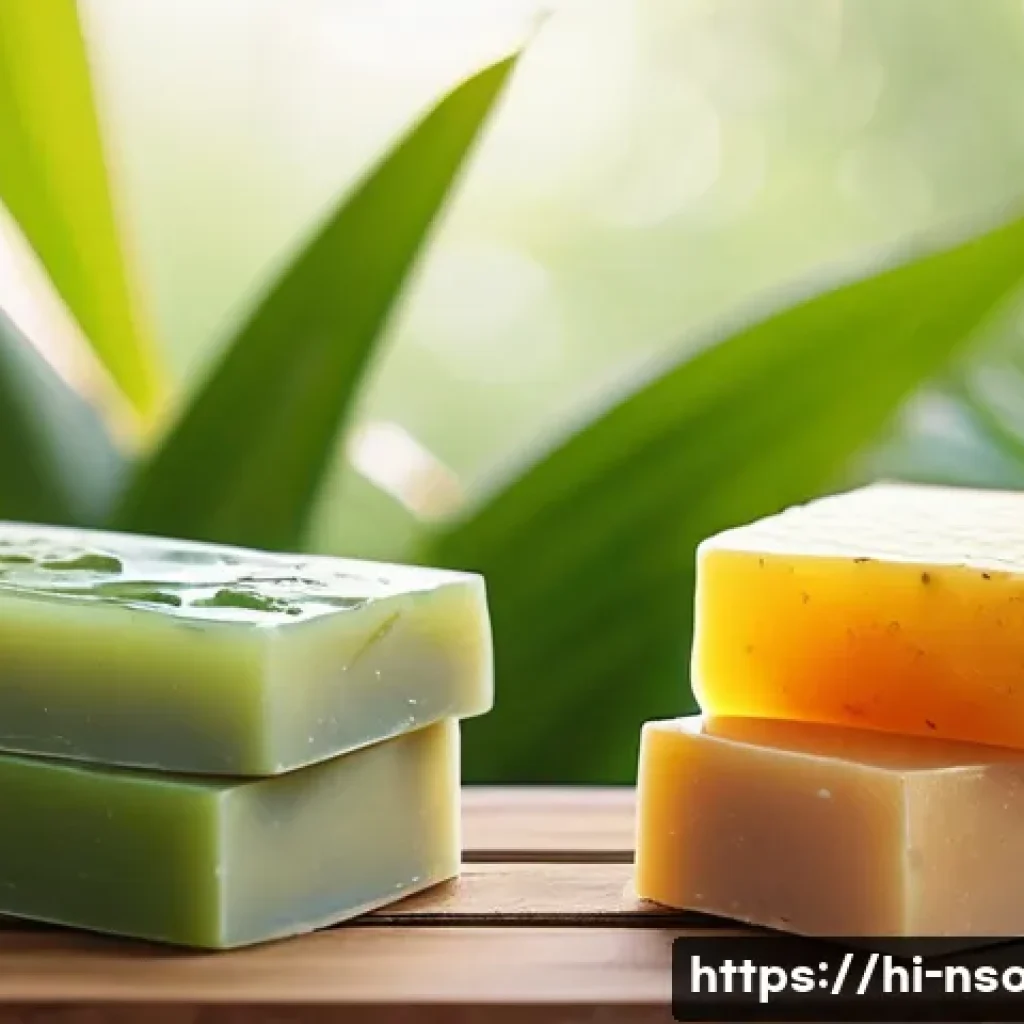 천연비누로 피부 면역력 높이기 - A close-up, vibrant image of natural soap bars arranged artfully on a wooden surface, featuring ingr...