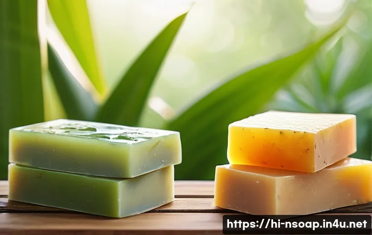 천연비누로 피부 면역력 높이기 - A close-up, vibrant image of natural soap bars arranged artfully on a wooden surface, featuring ingr...