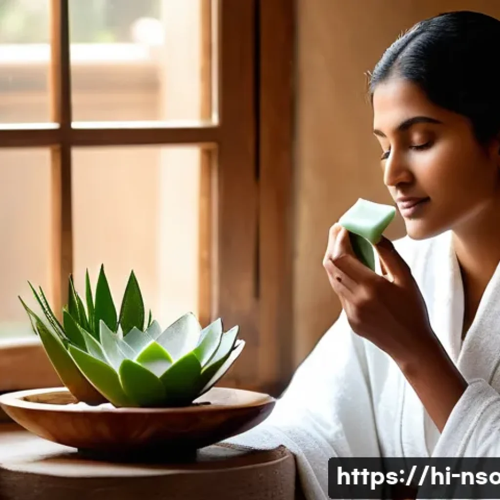 천연비누 아로마 오일 - A serene bathroom scene featuring a young Indian woman with flawless, glowing skin gently washing he...