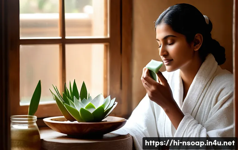 천연비누 아로마 오일 - A serene bathroom scene featuring a young Indian woman with flawless, glowing skin gently washing he...