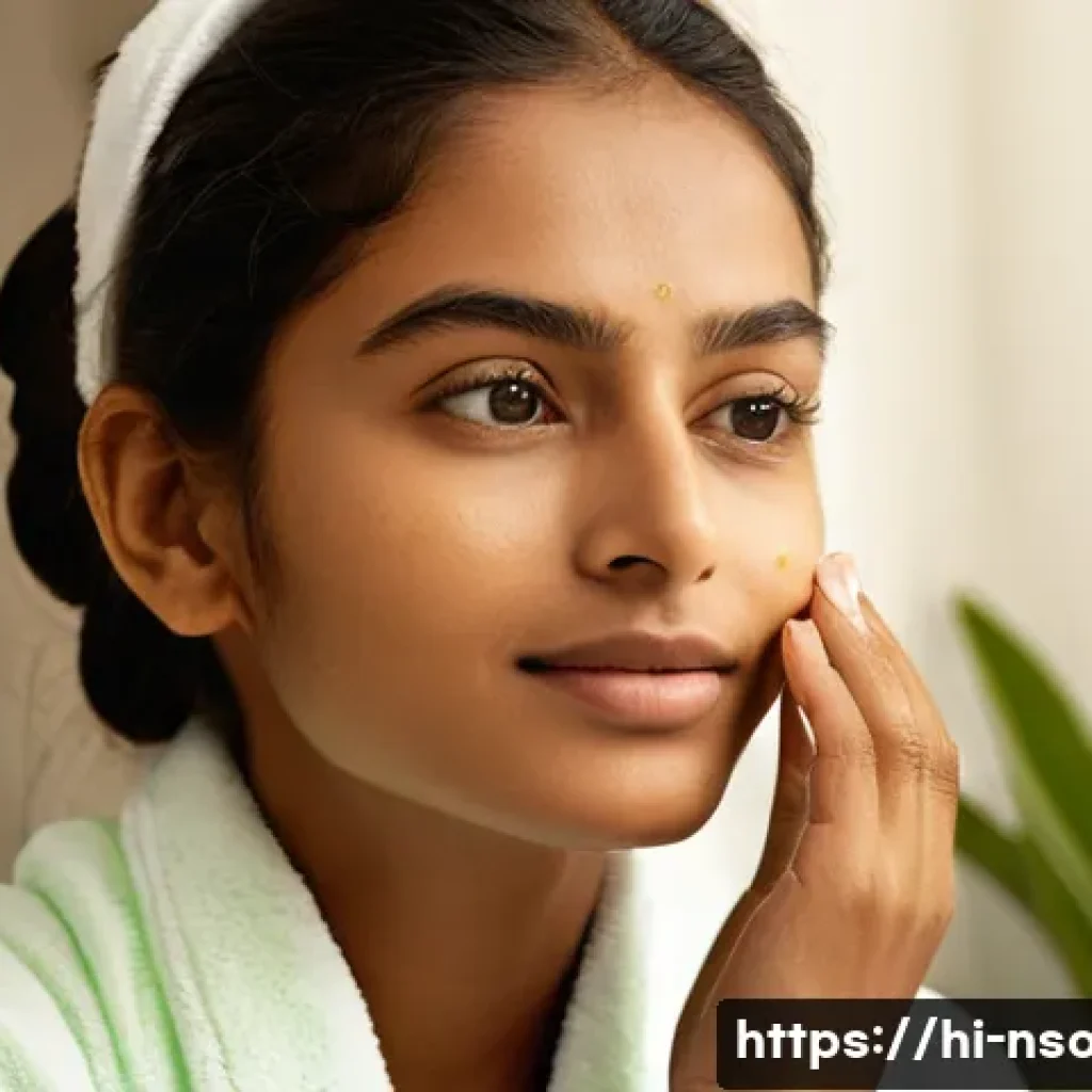 천연비누 피부장벽 - A serene, close-up portrait of a young Indian woman with glowing, hydrated skin, gently washing her ...