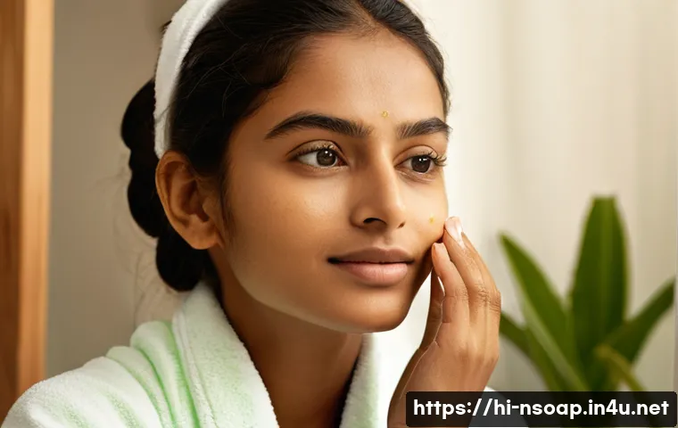 천연비누 피부장벽 - A serene, close-up portrait of a young Indian woman with glowing, hydrated skin, gently washing her ...