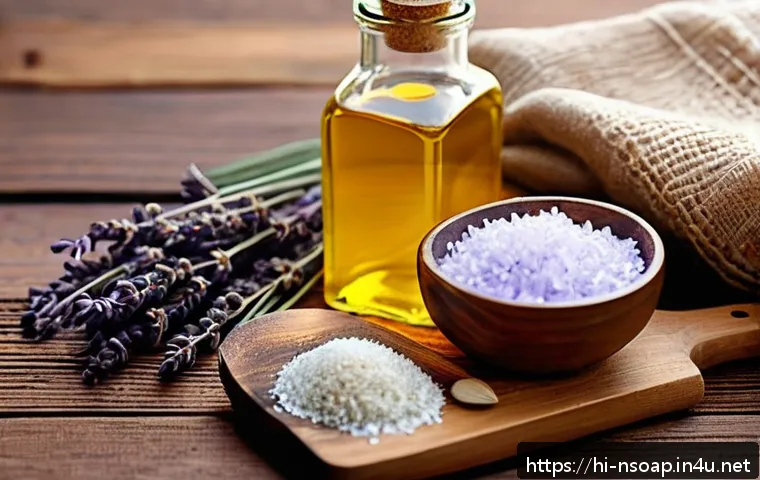 천연비누 베이스 제작법 - A vibrant and detailed still life of natural soap-making ingredients arranged on a rustic wooden tab...