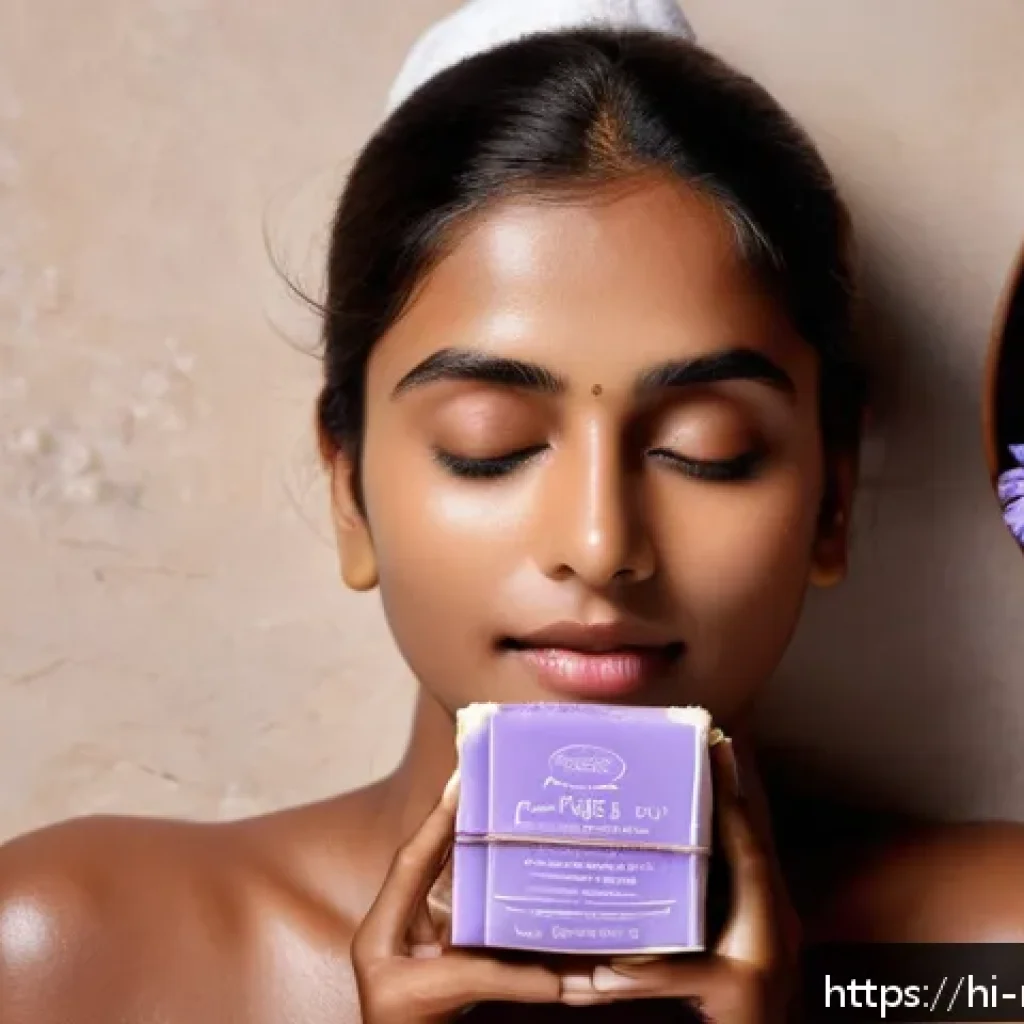 천연비누 초코 - A serene spa-like scene featuring a young Indian woman with healthy, glowing skin gently washing her...