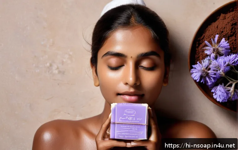 천연비누 초코 - A serene spa-like scene featuring a young Indian woman with healthy, glowing skin gently washing her...