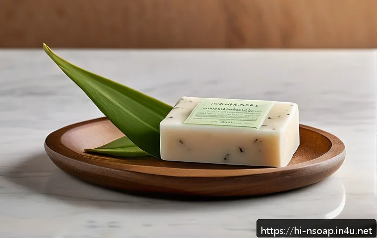 천연비누와 바디워시 비교 - A serene bathroom scene featuring a natural soap bar crafted from organic oils like sesame and cocon...