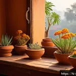 천연비누 아로마 테라피 - A serene, sunlit Indian home interior with traditional clay pots filled with natural potpourri of ci...