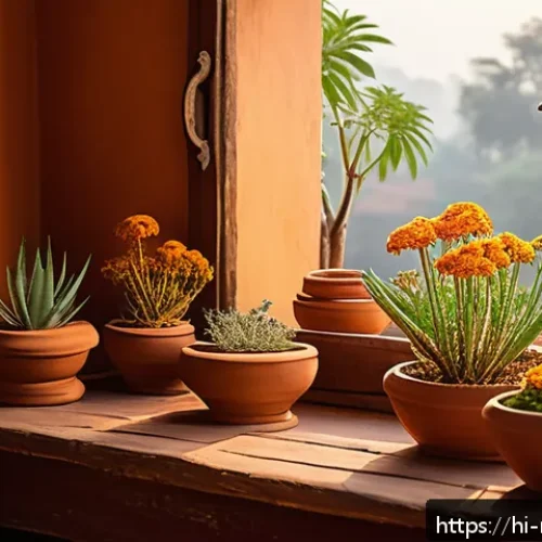 천연비누 아로마 테라피 - A serene, sunlit Indian home interior with traditional clay pots filled with natural potpourri of ci...