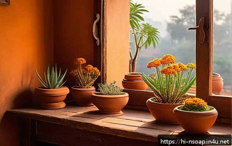천연비누 아로마 테라피 - A serene, sunlit Indian home interior with traditional clay pots filled with natural potpourri of ci...