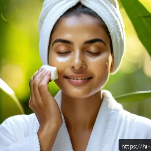 천연비누 사용 후기 - A serene and natural skincare scene featuring a young Indian woman with glowing, hydrated skin gentl...