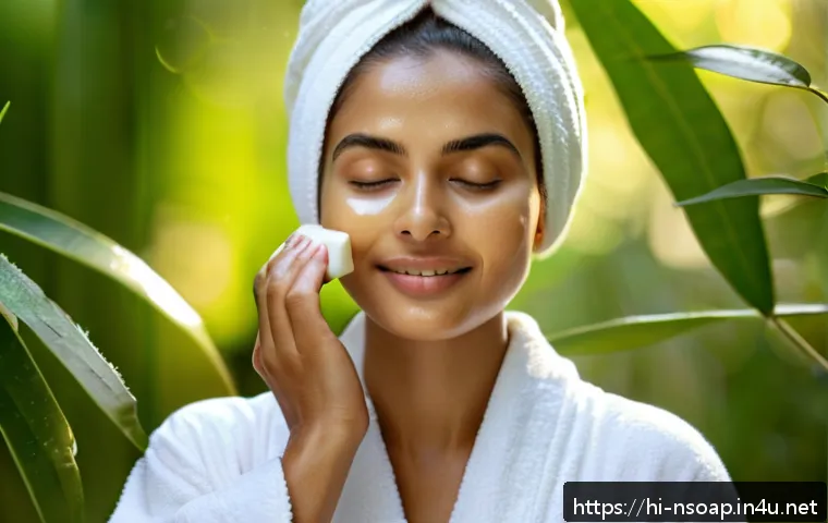 천연비누 사용 후기 - A serene and natural skincare scene featuring a young Indian woman with glowing, hydrated skin gentl...