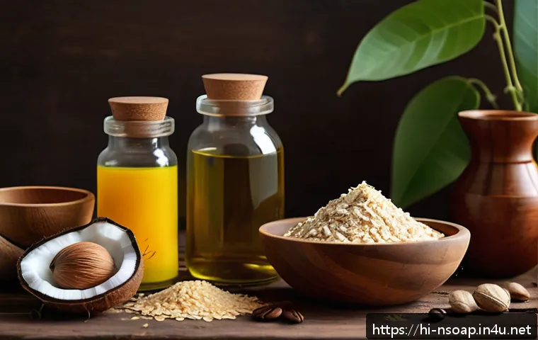 천연비누 다양한 레시피 - A cozy artisanal soap-making scene featuring natural ingredients typical to Indian households: a woo...