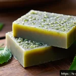 천연비누 성분 분석 - A close-up still life of artisanal natural soap bars made with neem and tulsi, featuring visible her...