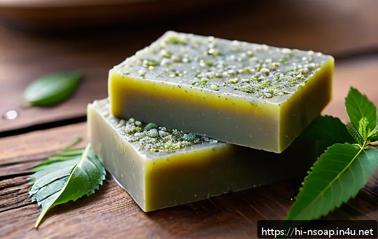 천연비누 성분 분석 - A close-up still life of artisanal natural soap bars made with neem and tulsi, featuring visible her...