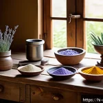 천연비누 만들기 주의사항 - A warm, inviting kitchen scene with natural soap-making ingredients spread out on a wooden table: co...