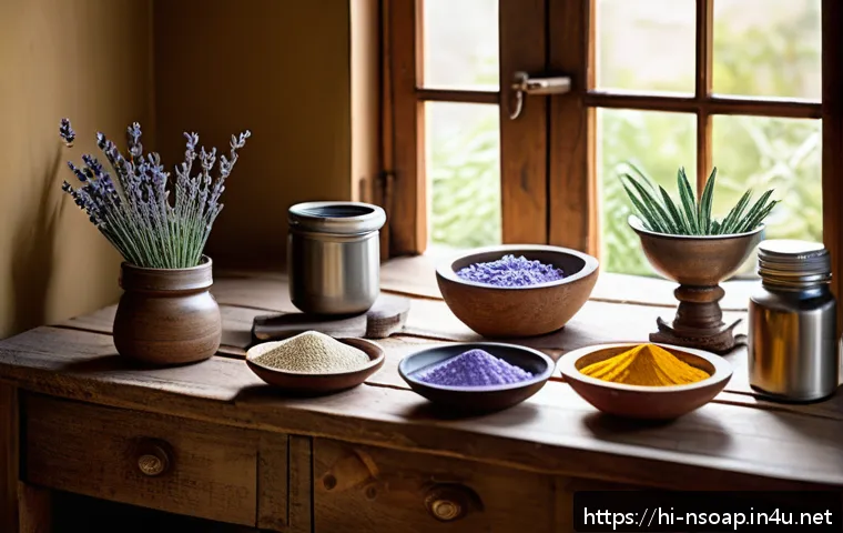 천연비누 만들기 주의사항 - A warm, inviting kitchen scene with natural soap-making ingredients spread out on a wooden table: co...