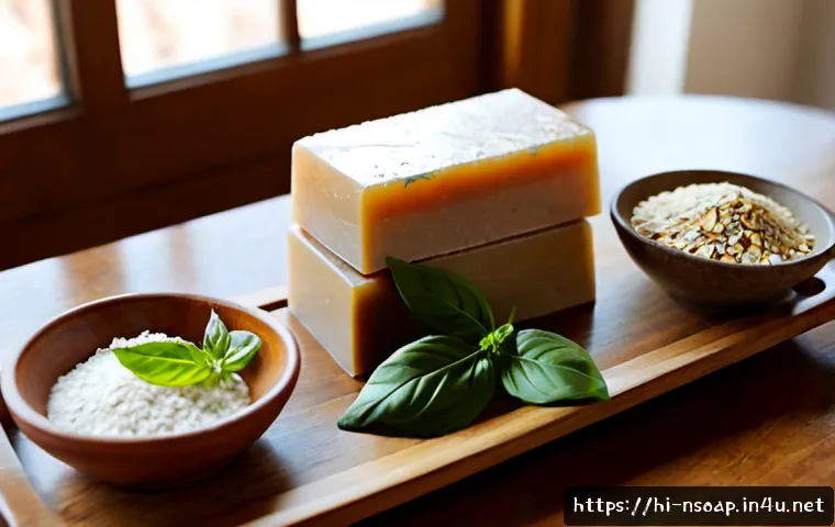 Home 17 천연비누 유기농 비누의 장점 - Photorealistic close-up of handmade natural organic soap bars on a clean wooden tray, surrounded by ...