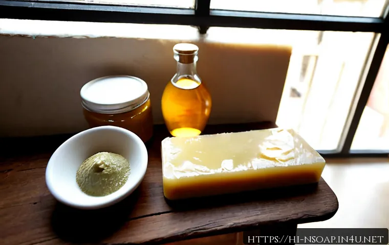 천연비누 오일 종류 - Photorealistic overhead still life of natural soap-making oils in clear unlabelled glass bottles and...